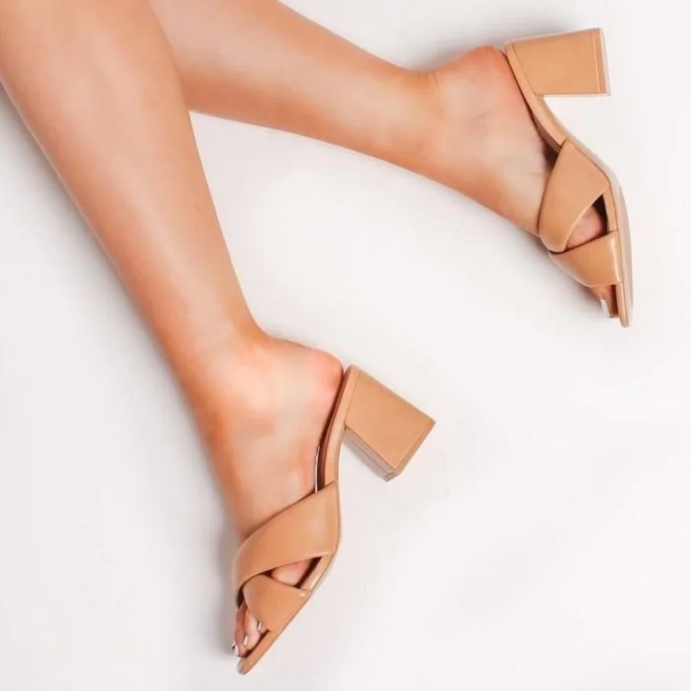 NEW Natural Tan Nude Twist Block Heel Slip Slide On Comfy Mule Sandal Shoes - Picture 2 of 12